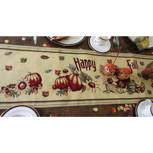 Vintage Harvest Fall Autumn Thanksgiving Tapestry Table Runner - Picture 3 of 4